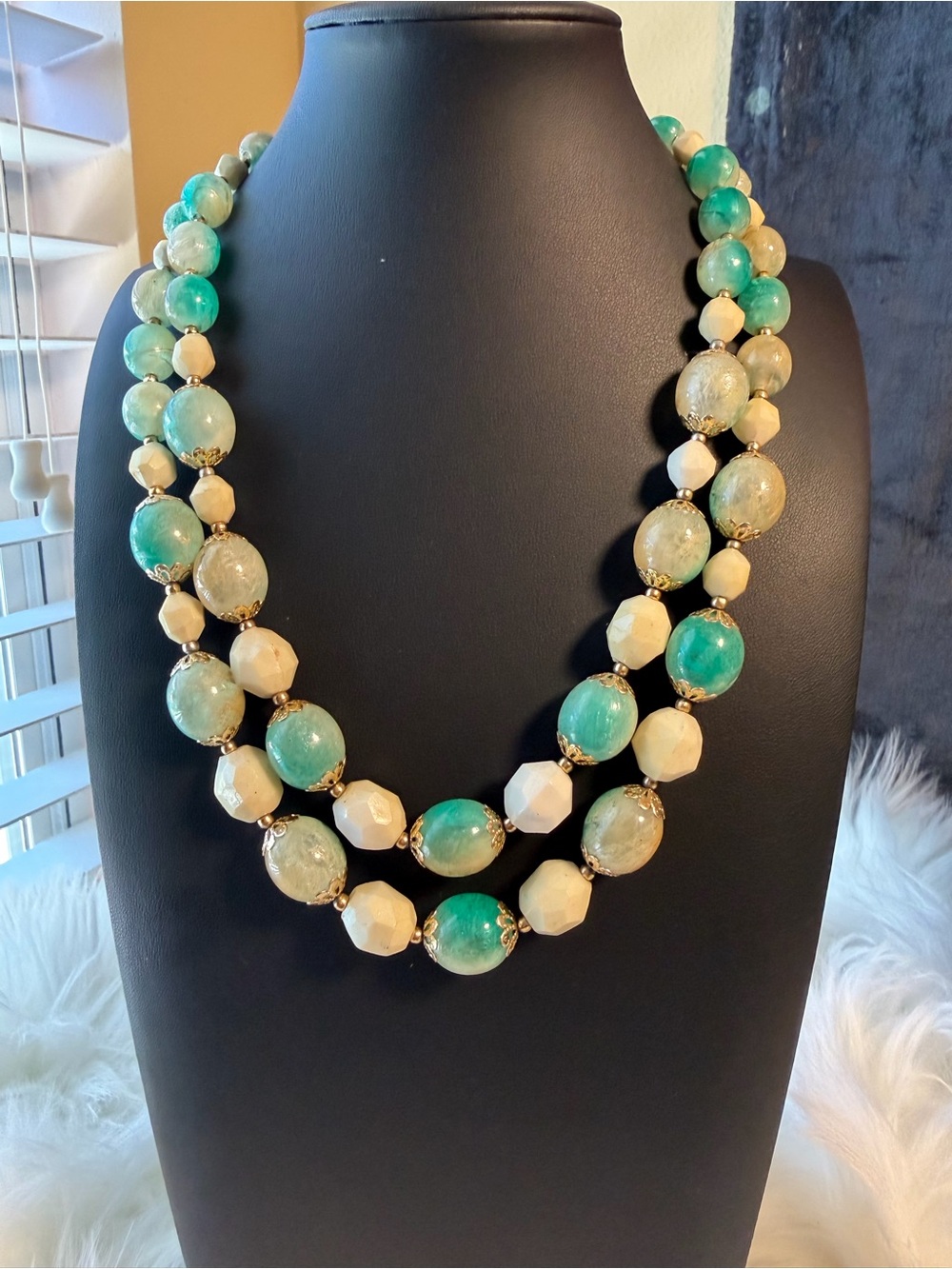 Vintage Green and Cream Double Strand Beaded Statement Necklace